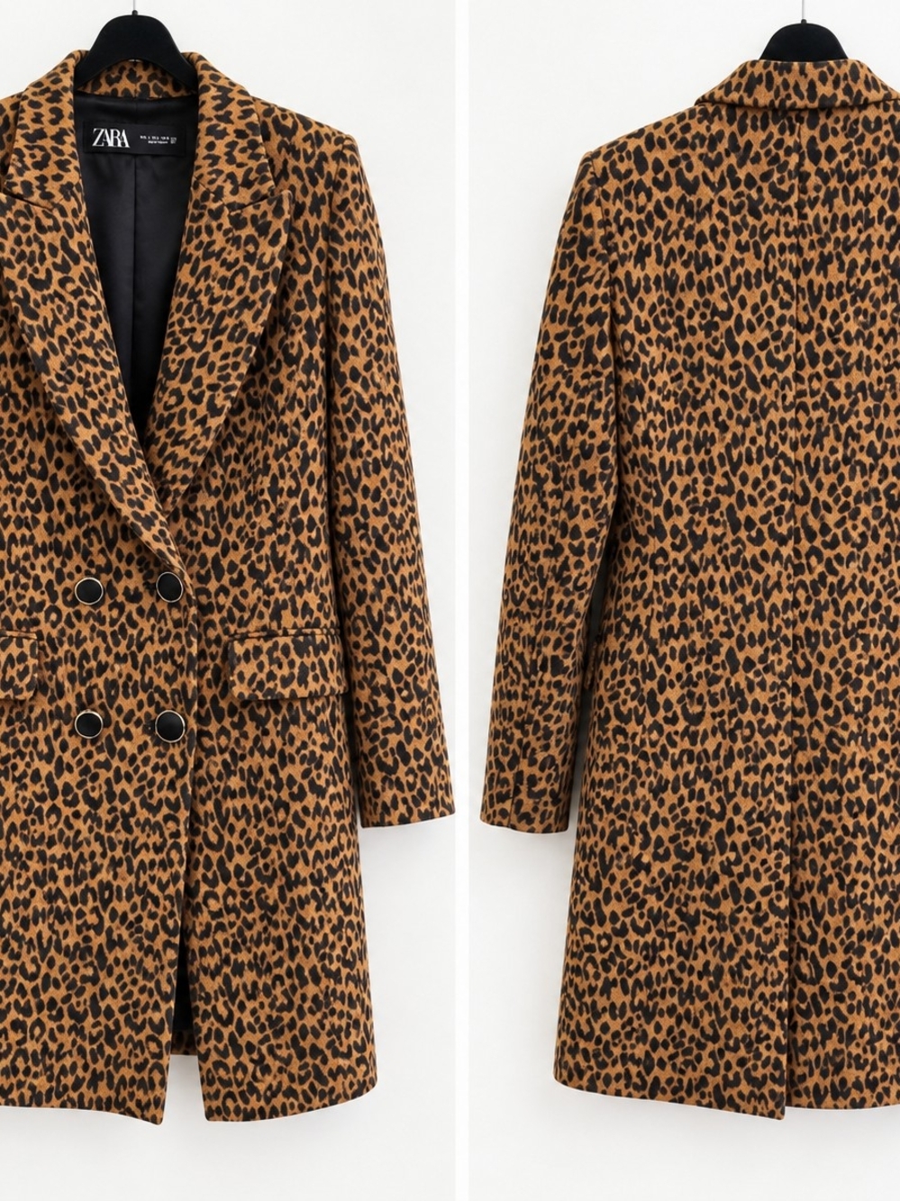 ZARA Women's Leopard Print Double-Breasted Coat - Tan & Black